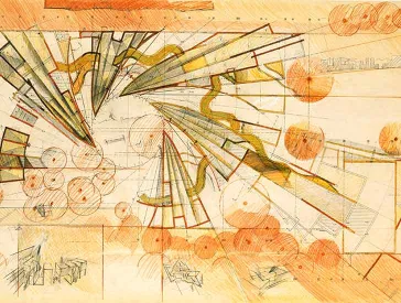 Farbige Entwurfszeichnung von Zvi Hecker mit Spirale aus Keilen, Halbzylindern und Pyramiden